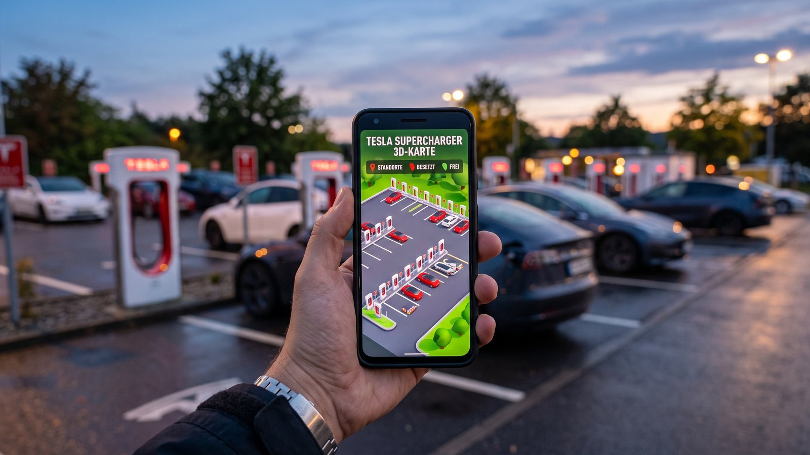 Tesla bringt 3D-Ladepark-Karten in die Smartphone-App