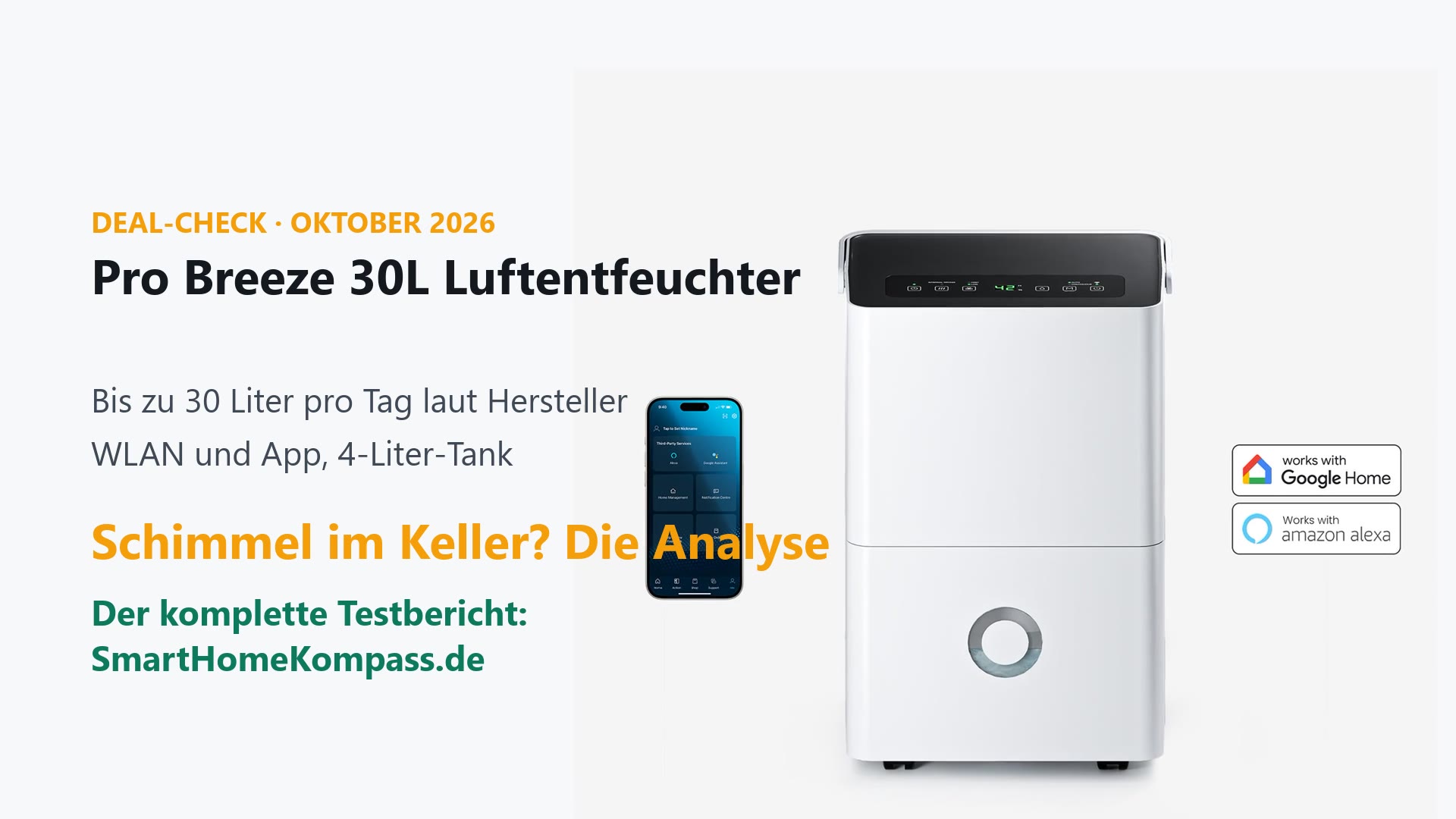Pro Breeze 30L Luftentfeuchter mit WLAN und App-Steuerung