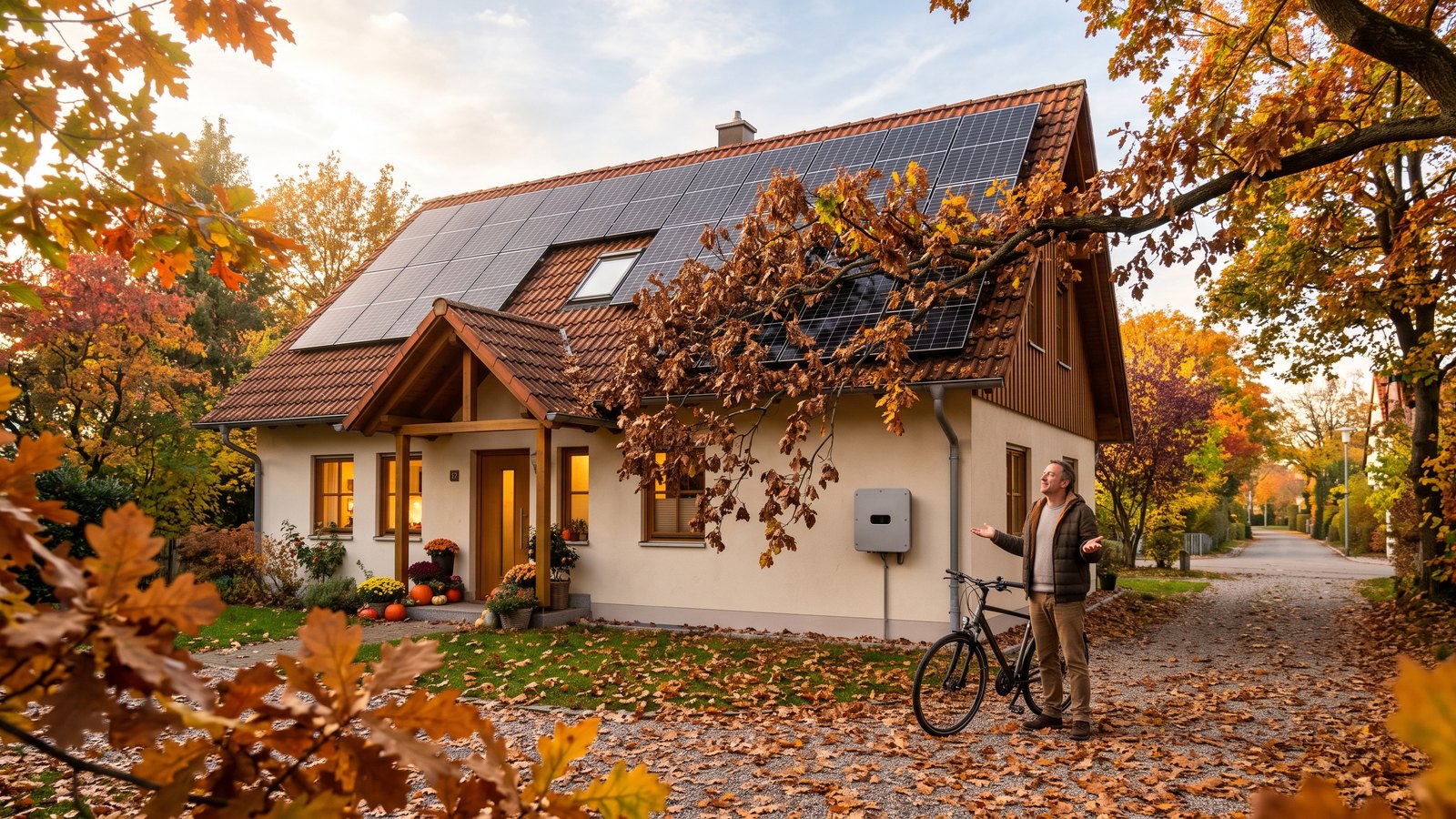 Einfamilienhaus mit Photovoltaik-Dachanlage im Herbstlicht, Symbolbild für sinkenden Solarertrag
