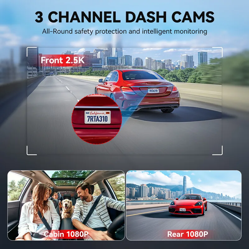 REDTIGER Dashcam A3 3-Kanal: 2,5K Front + 1080P Innen & Heckkamera, WLAN, Nachtsicht WDR