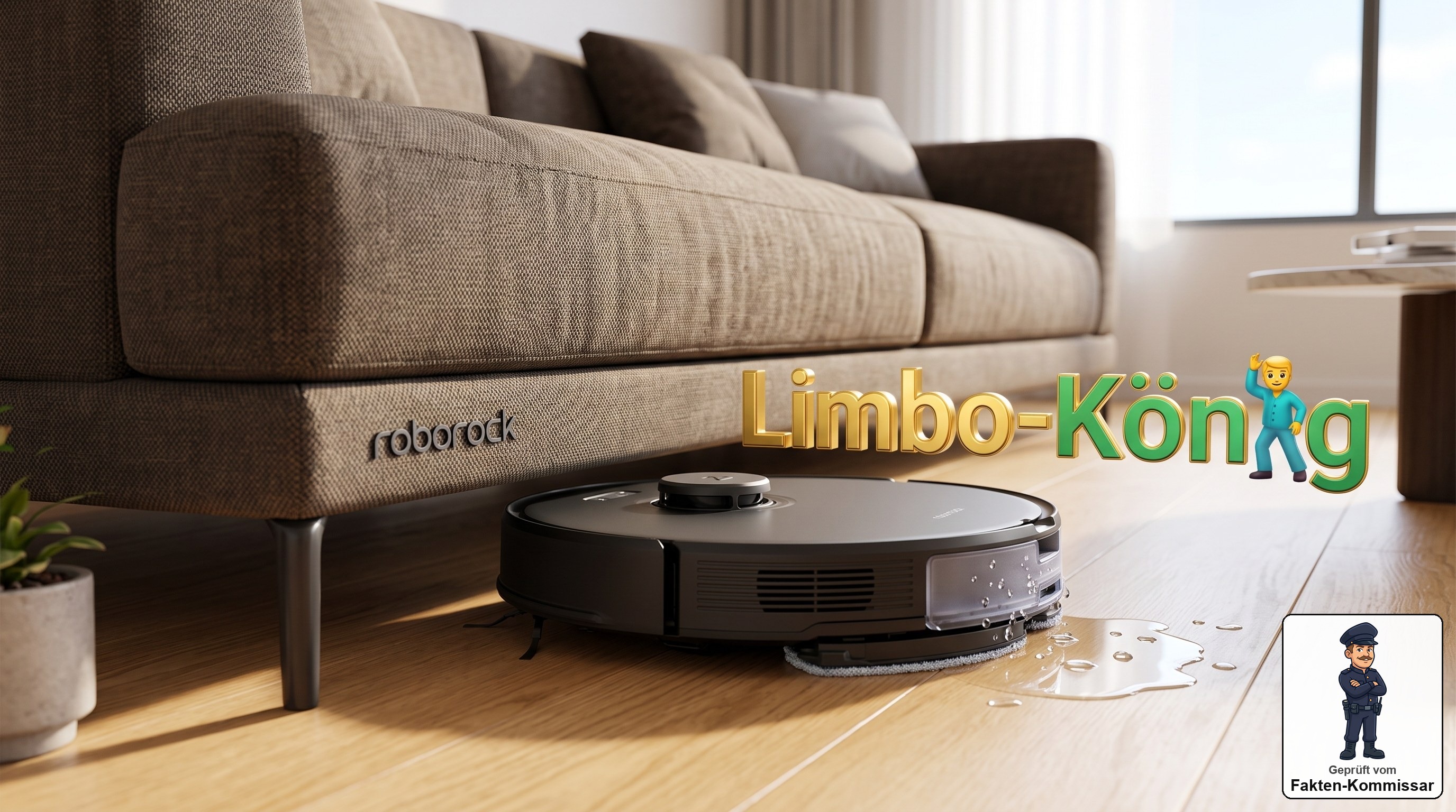 Roborock Saros 20 gleitet dank extrem flacher Bauhöhe unter einem niedrigen Sofa hindurch