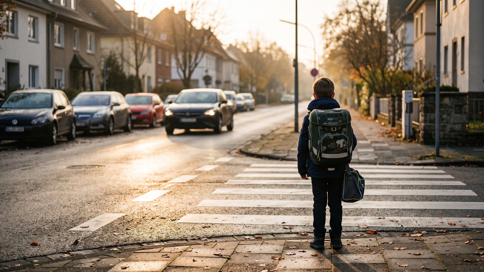 Grundschulkind mit Schulranzen steht von hinten gesehen am Bordstein vor einem Zebrastreifen, tief stehende Morgensonne blendet, parkende Autos verstellen die Sicht auf die Fahrbahn