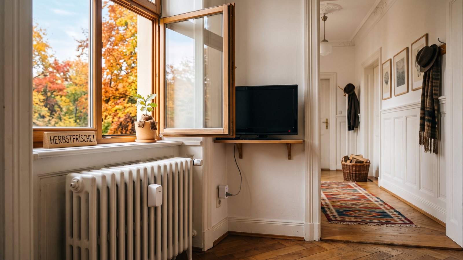 Smarter Heizkörperthermostat unter einem gekippten Fenster, daneben eine smarte Steckdose im Flur