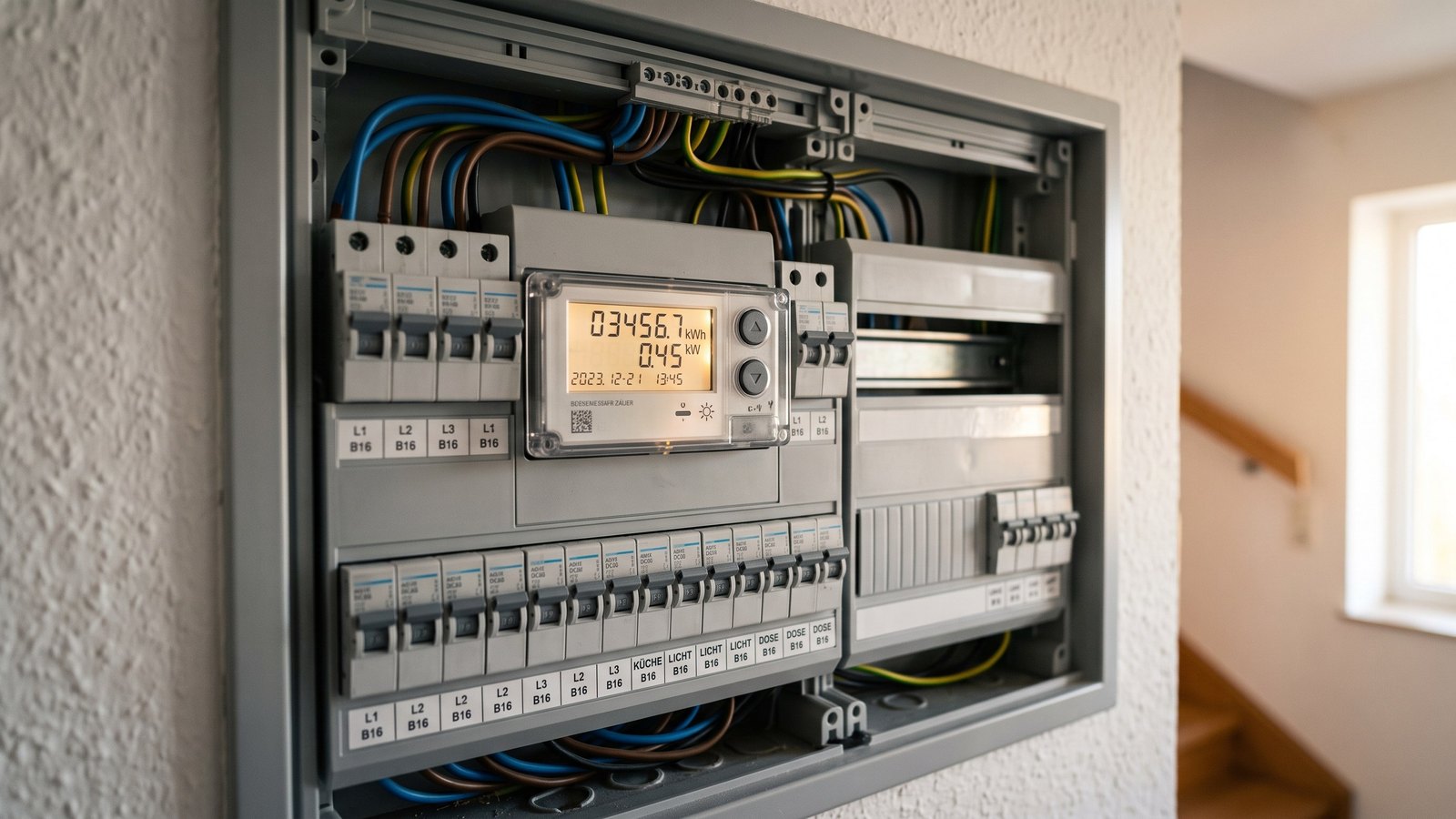 Geöffneter Zählerschrank in einem Hausflur mit einem modernen digitalen Stromzähler mit leuchtendem Display zwischen den Sicherungsreihen
