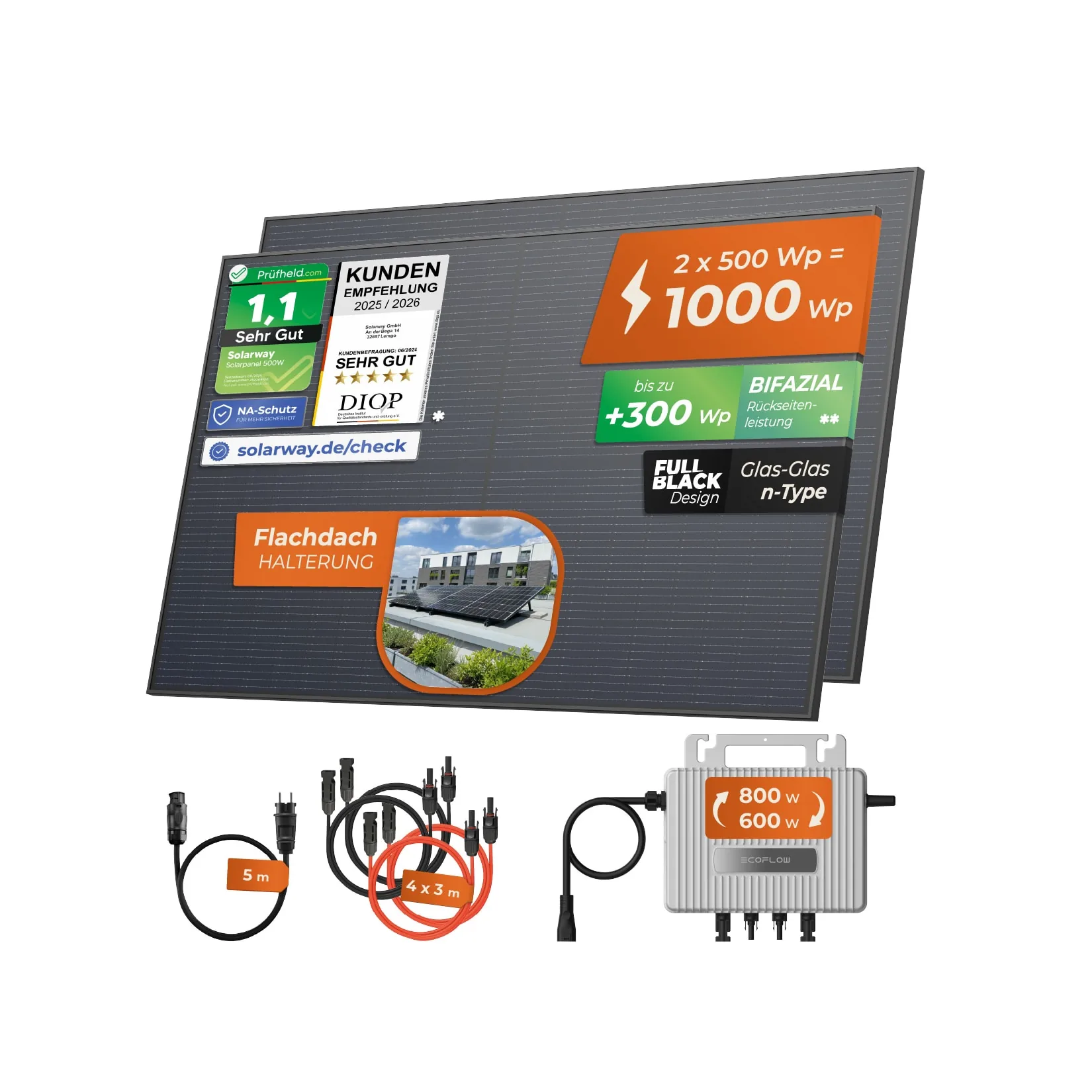 Solarway® 1000Wp / 800W Balkonkraftwerk komplett Steckdose – neuester EcoFlow Stream 800