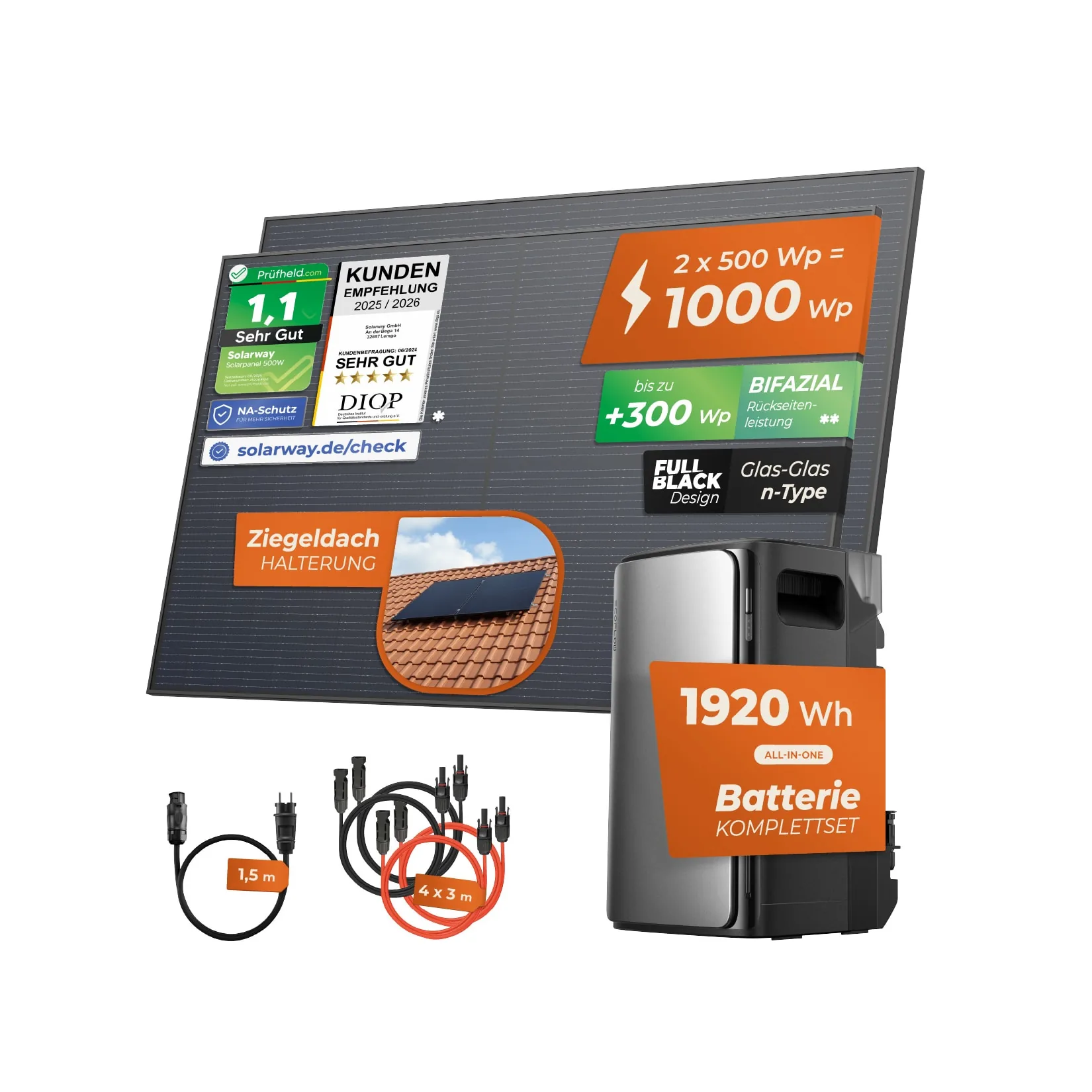 Solarway® 1000Wp / 800W Balkonkraftwerk mit 1,9kWh Speicher komplett Steckdose – 1,9 kWh
