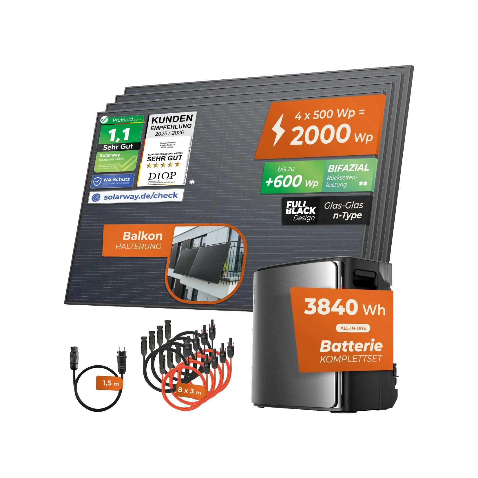 Solarway® Balkonkraftwerk 2000Wp / 800W mit 3,8 kWh EcoFlow STREAM Ultra X Speicher