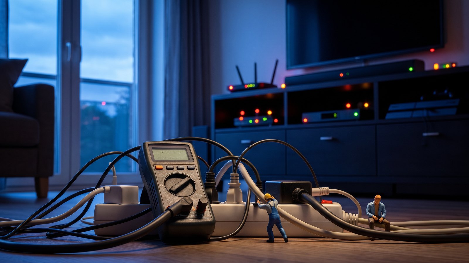 Abends im Wohnzimmer: Router, Soundbar und Receiver mit leuchtenden Stand-by-Lämpchen, davor Steckdosenleiste und Messgerät