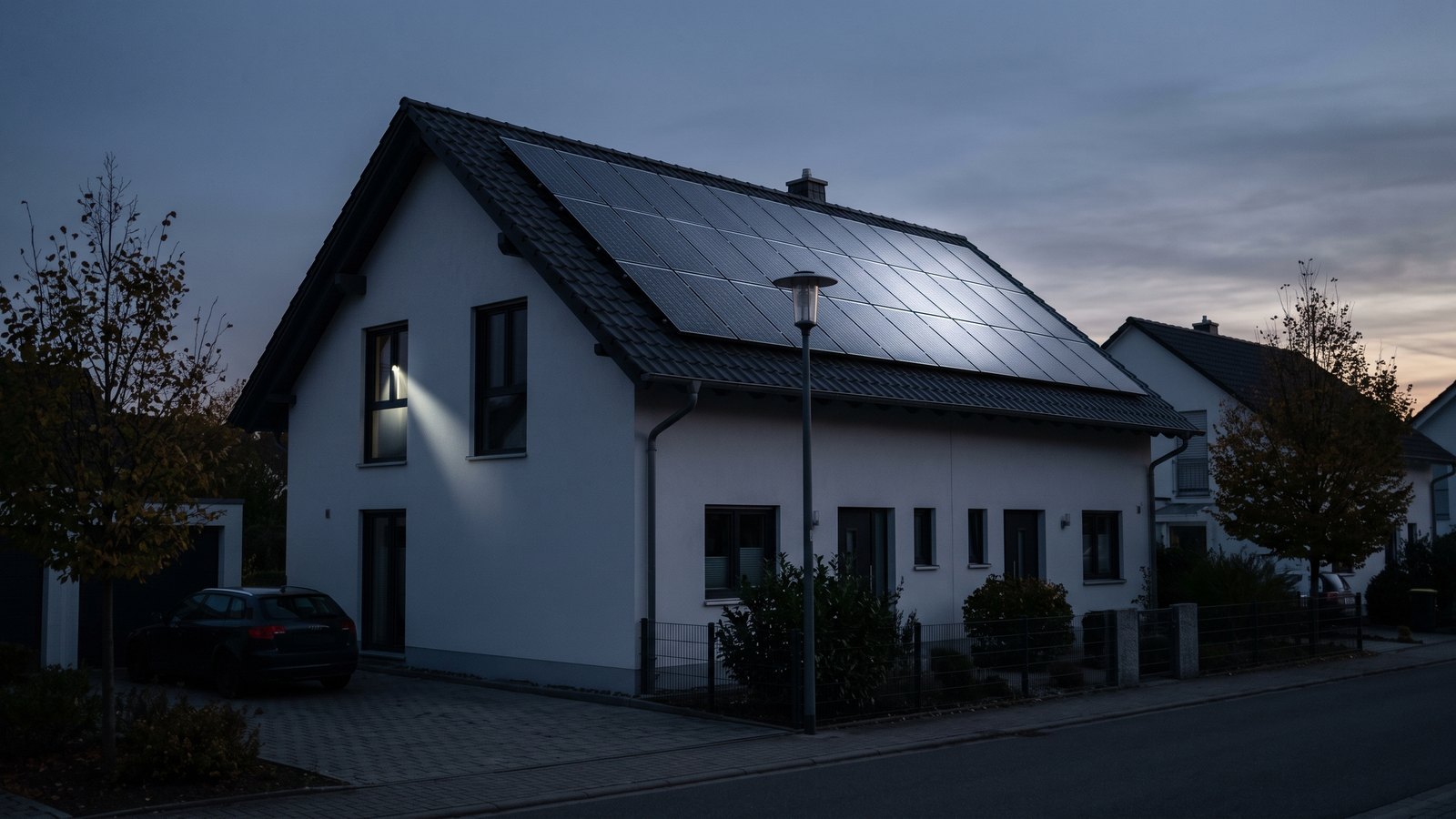 Einfamilienhaus mit Photovoltaikmodulen auf dem Dach in der Abenddämmerung, alle Fenster dunkel, nur der Kegel einer Taschenlampe leuchtet