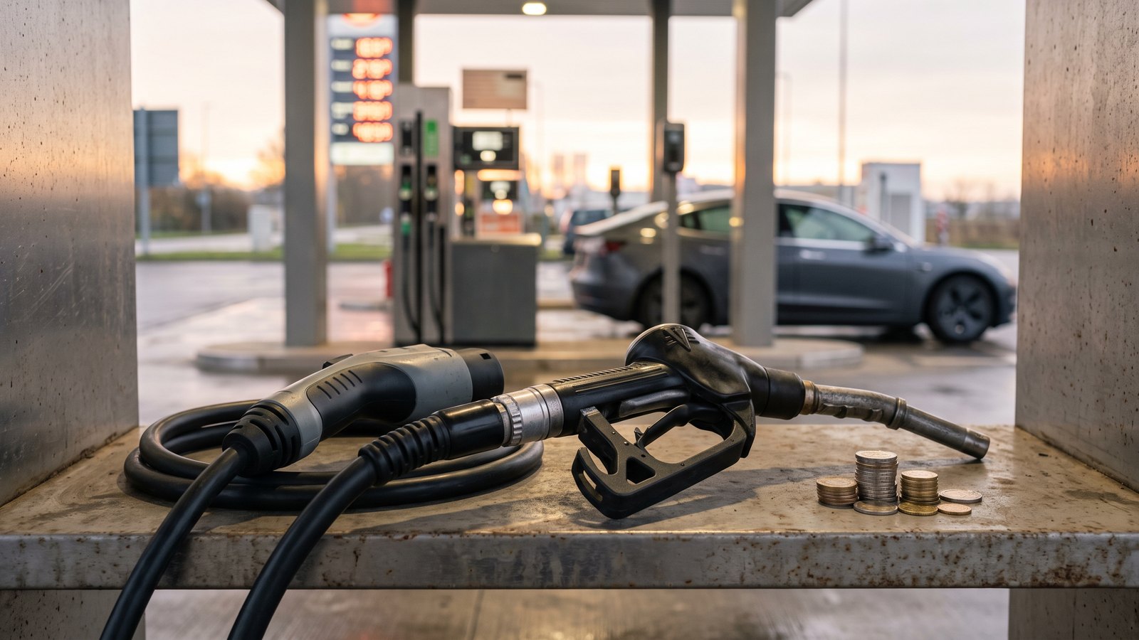Zapfpistole und Ladekabel nebeneinander auf einer Ablage an einer Tankstelle, daneben ein Stapel Münzen