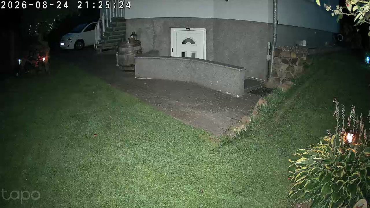 Nachtaufnahme der Tapo C660 in Farbe mit zugeschaltetem Scheinwerfer, 21:25 Uhr