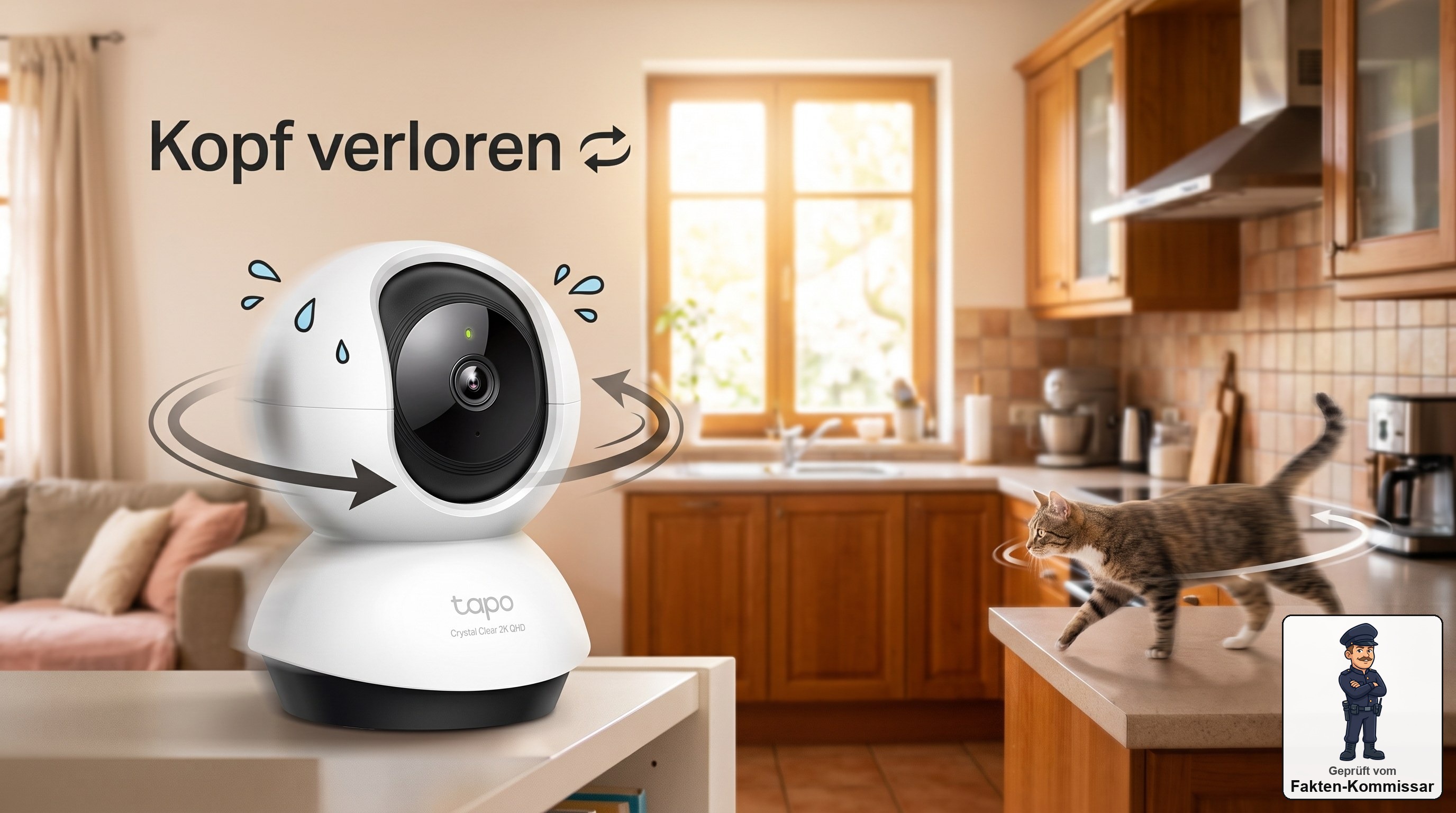 TP-Link Tapo C220 dreht sich neugierig und verfolgt eine Katze in der Küche