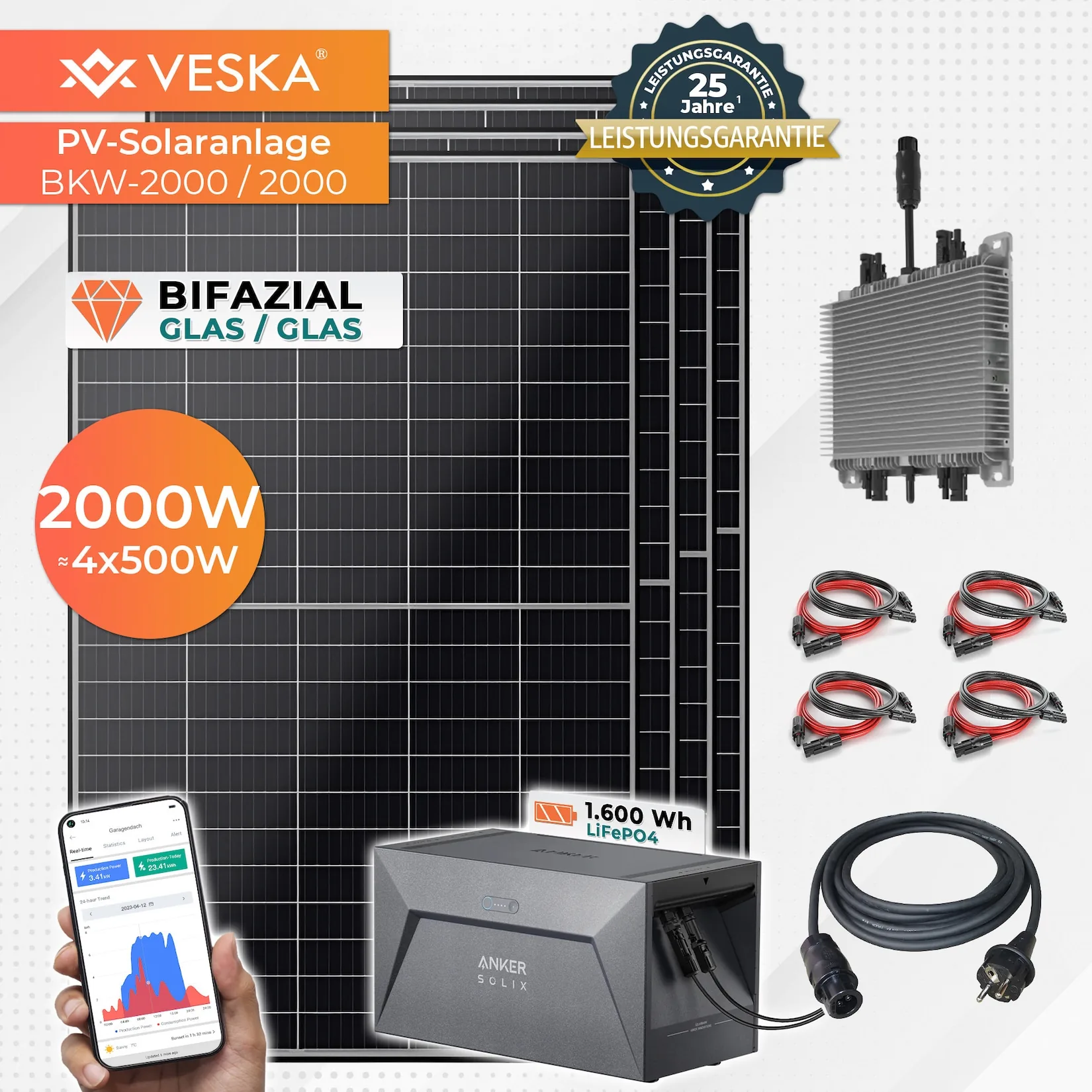VESKA® Solaranlage 2000/2000W Bifazial und 1,6 kWh Batteriespeicher