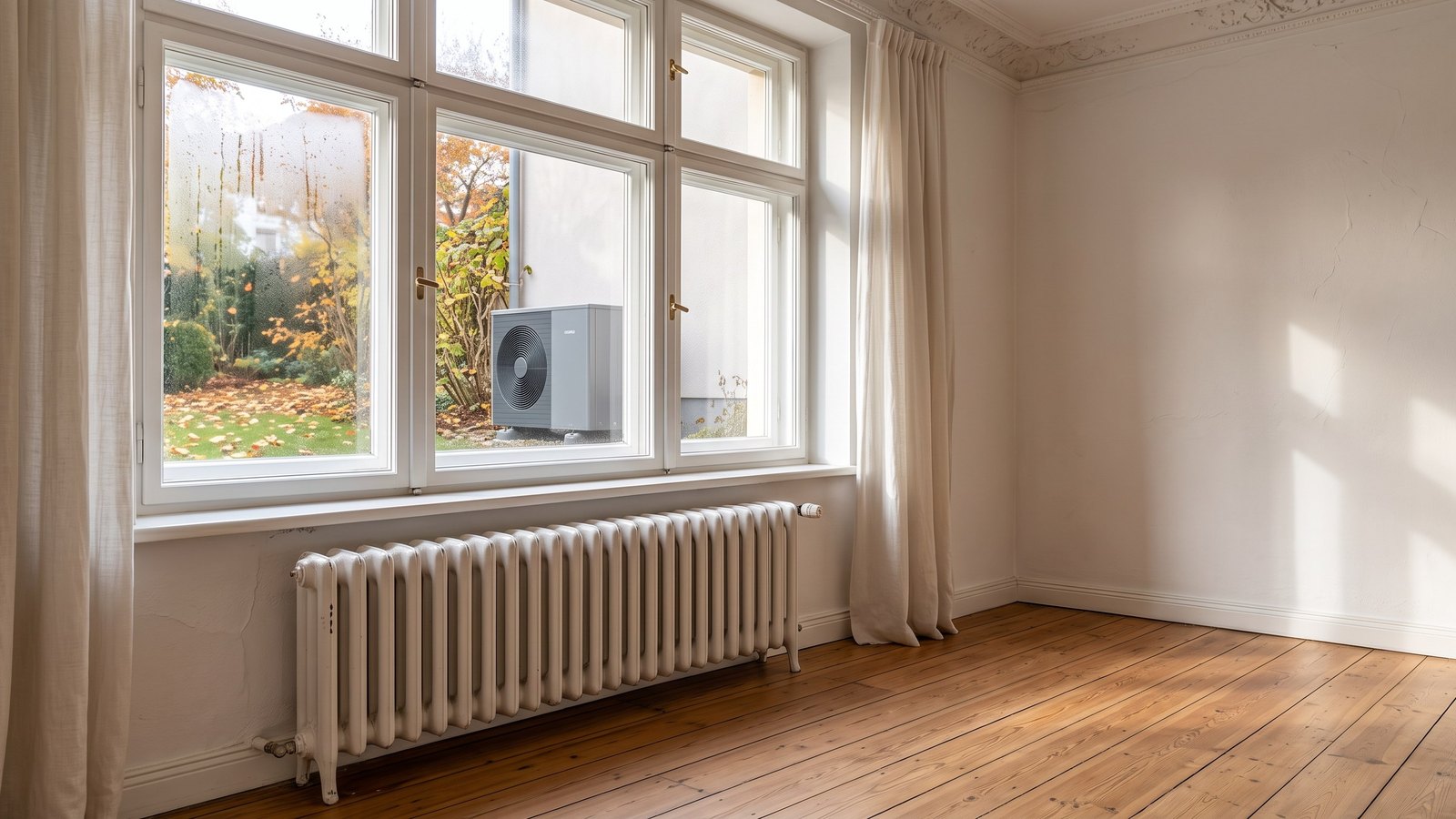 Gliederheizkörper unter einem Sprossenfenster in einem Altbau-Wohnzimmer, draußen an der Hauswand eine Luft-Wärmepumpe
