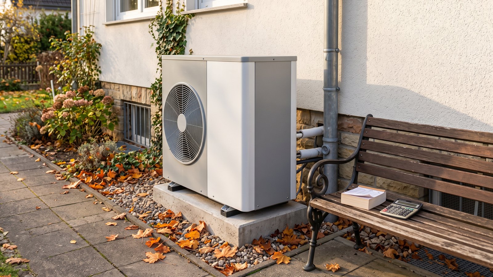 Luft-Wasser-Wärmepumpe an einer Hauswand im Herbst, daneben auf einer Bank ein Abreißkalender und ein Taschenrechner