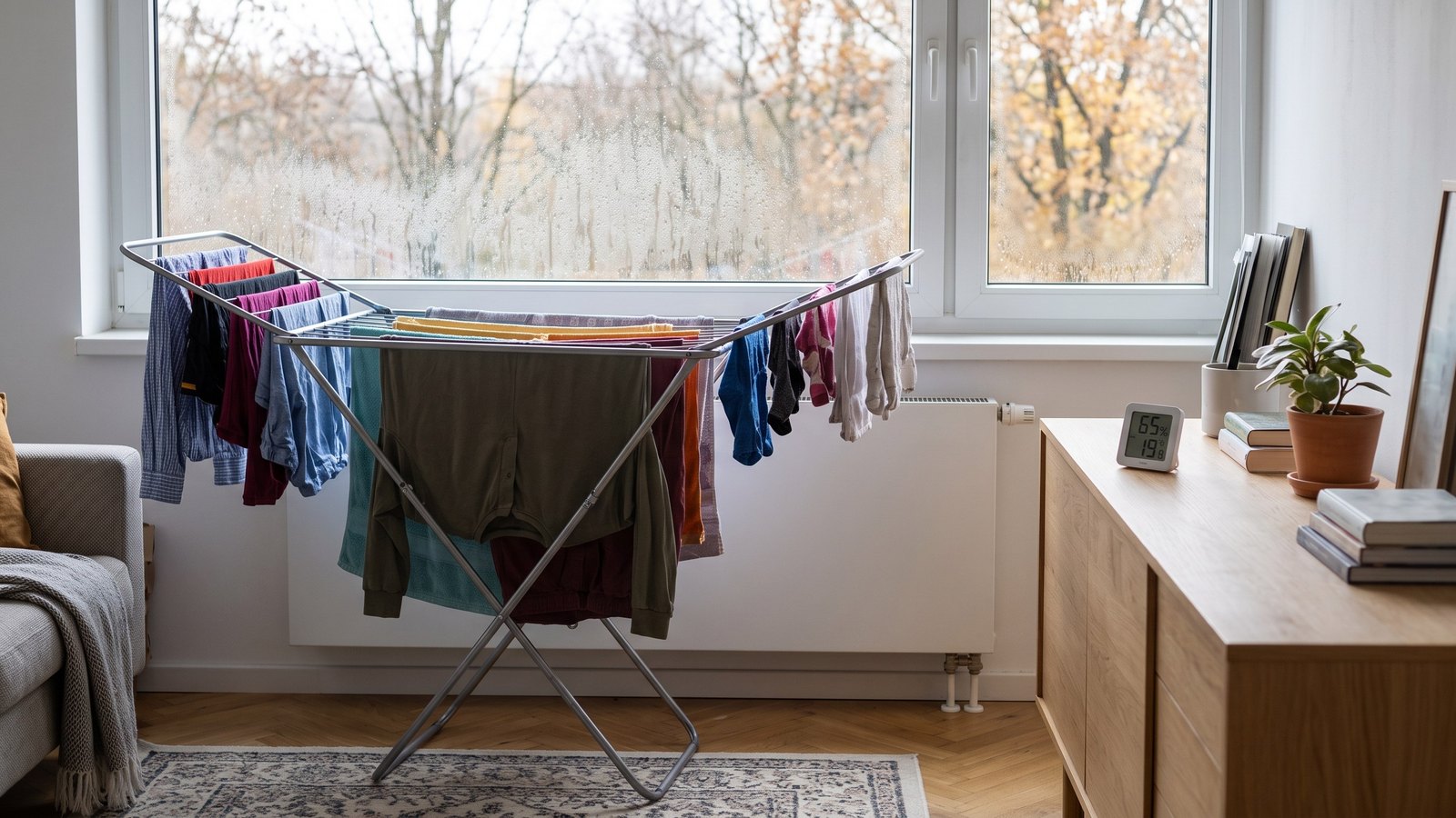 Wäscheständer mit Wäsche vor dem Heizkörper, beschlagenes Fenster und ein Funk-Hygrometer auf dem Sideboard