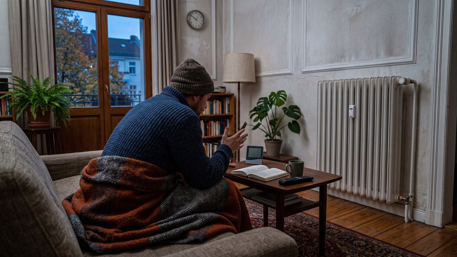 Mieter mit Decke im kühlen Altbau-Wohnzimmer, daneben ein kleines Raumthermometer und ein Heizkörper