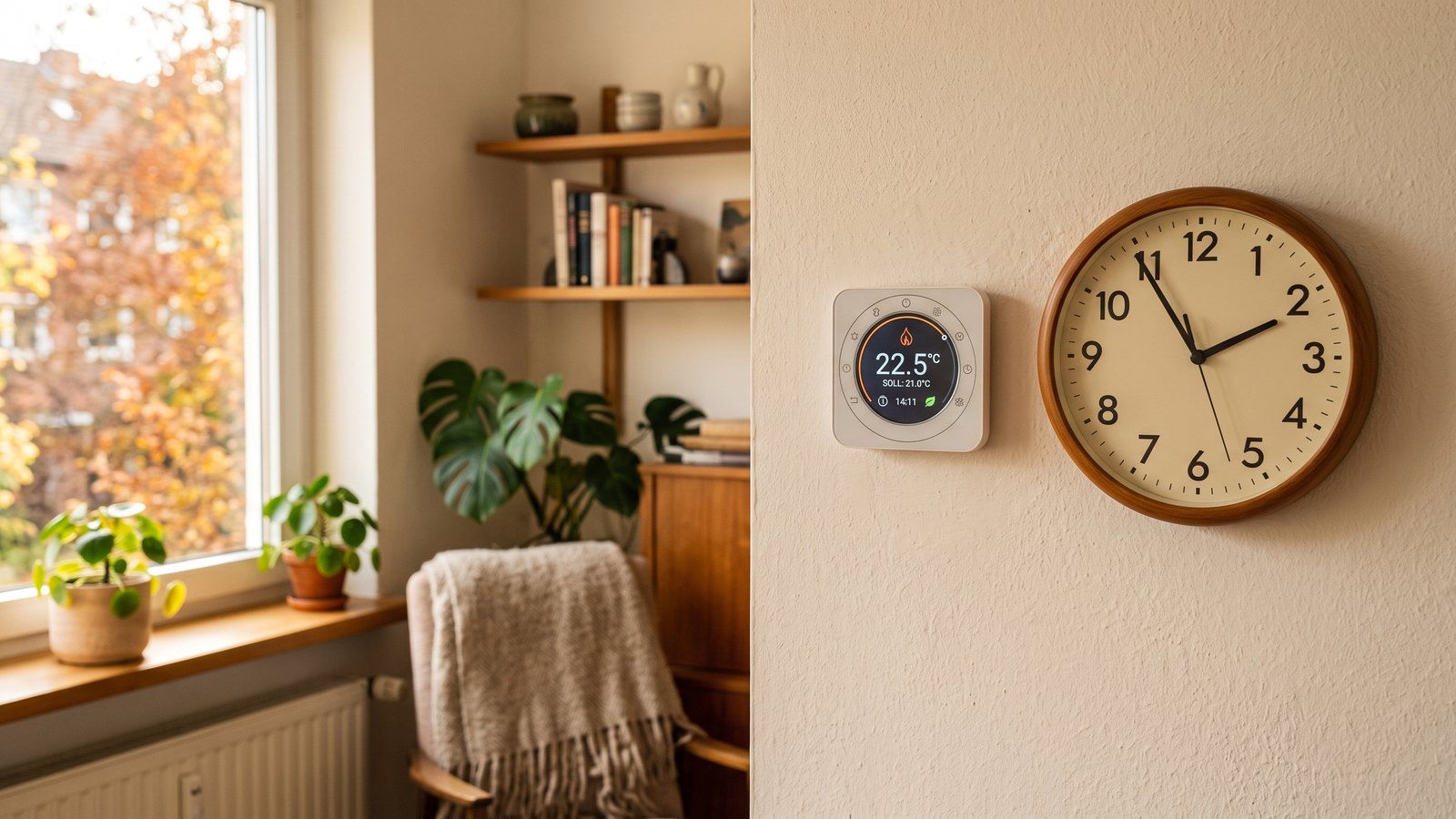 Smart-Home-Wandthermostat neben einer Wanduhr im Wohnzimmer bei Herbstlicht
