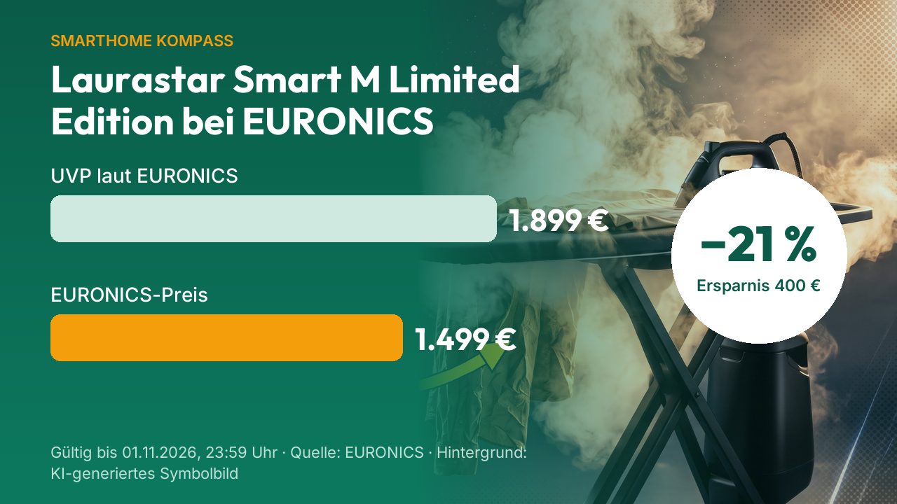 Animierte Grafik: Laurastar Smart M Limited Edition bei EURONICS – UVP laut EURONICS 1.899 €, EURONICS-Preis 1.499 €