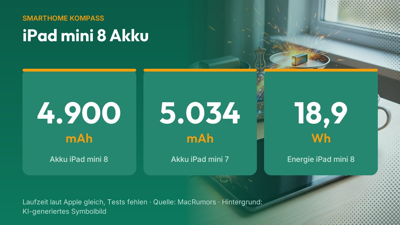 Animierte Grafik: iPad mini 8 Akku – Akku iPad mini 8 4.900 mAh, Akku iPad mini 7 5.034 mAh, Energie iPad mini 8 18,9 Wh
