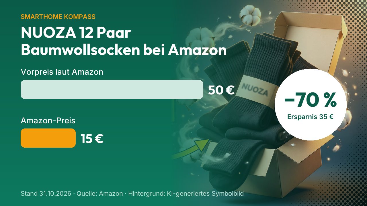 Animierte Grafik: NUOZA 12 Paar Baumwollsocken bei Amazon – Vorpreis laut Amazon 50 €, Amazon-Preis 15 €